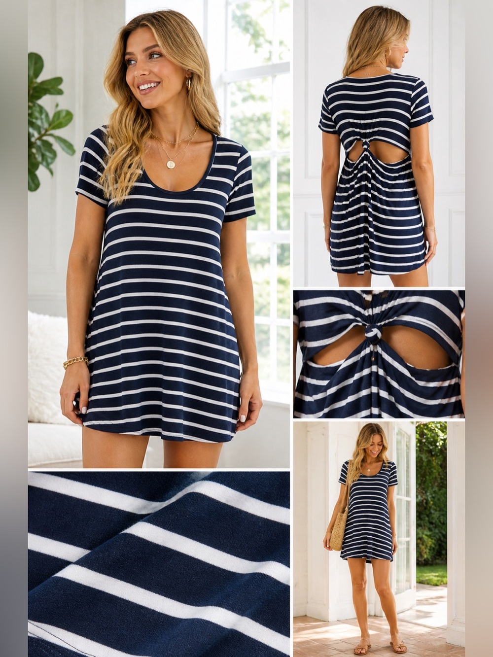 NWT Lovers + Friends Blue White Stripe Open Back Knot Mini Dress XS Tee Dress